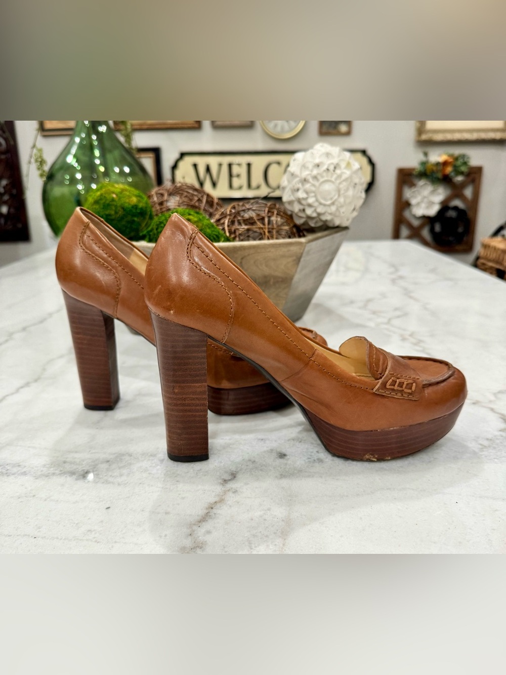 Marc Fisher Tan Leather Platform Penny Loafers 7M - Picture 3 of 13